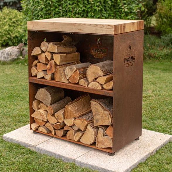 Table Brasero avec Planche à Découper et Rangement Bois